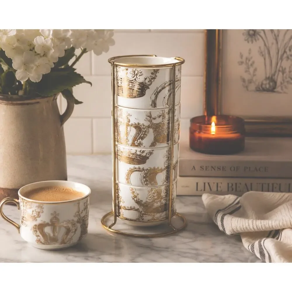 Vintage Pier 1 Imports Stacking Mugs Set of 4 Gold White Crown Cups w Holder